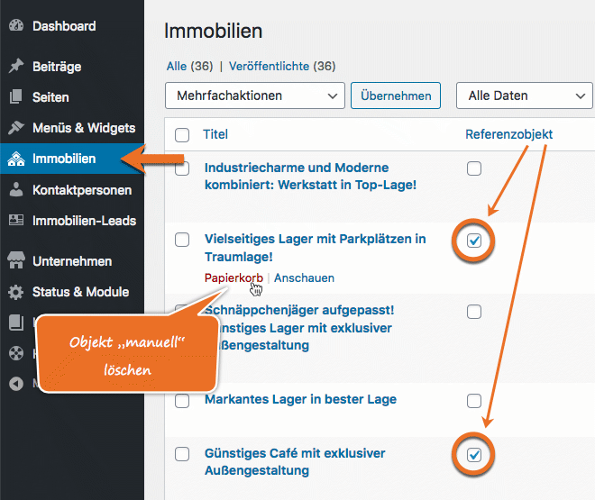 Screenshot: Immobilienangebote und Referenzobjekte im WordPress-Backend