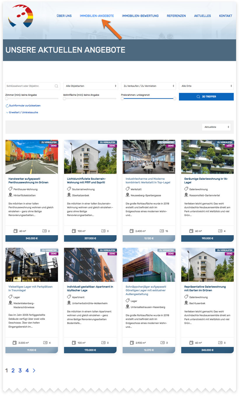 Screenshot: Immobilien-Angebote im Website-Frontend